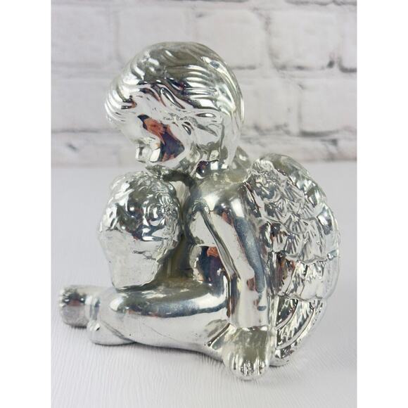 Vintage Silver Angel Figurine Cherub Statue 90s Holiday Decor Guardian Angel - Picture 12 of 16